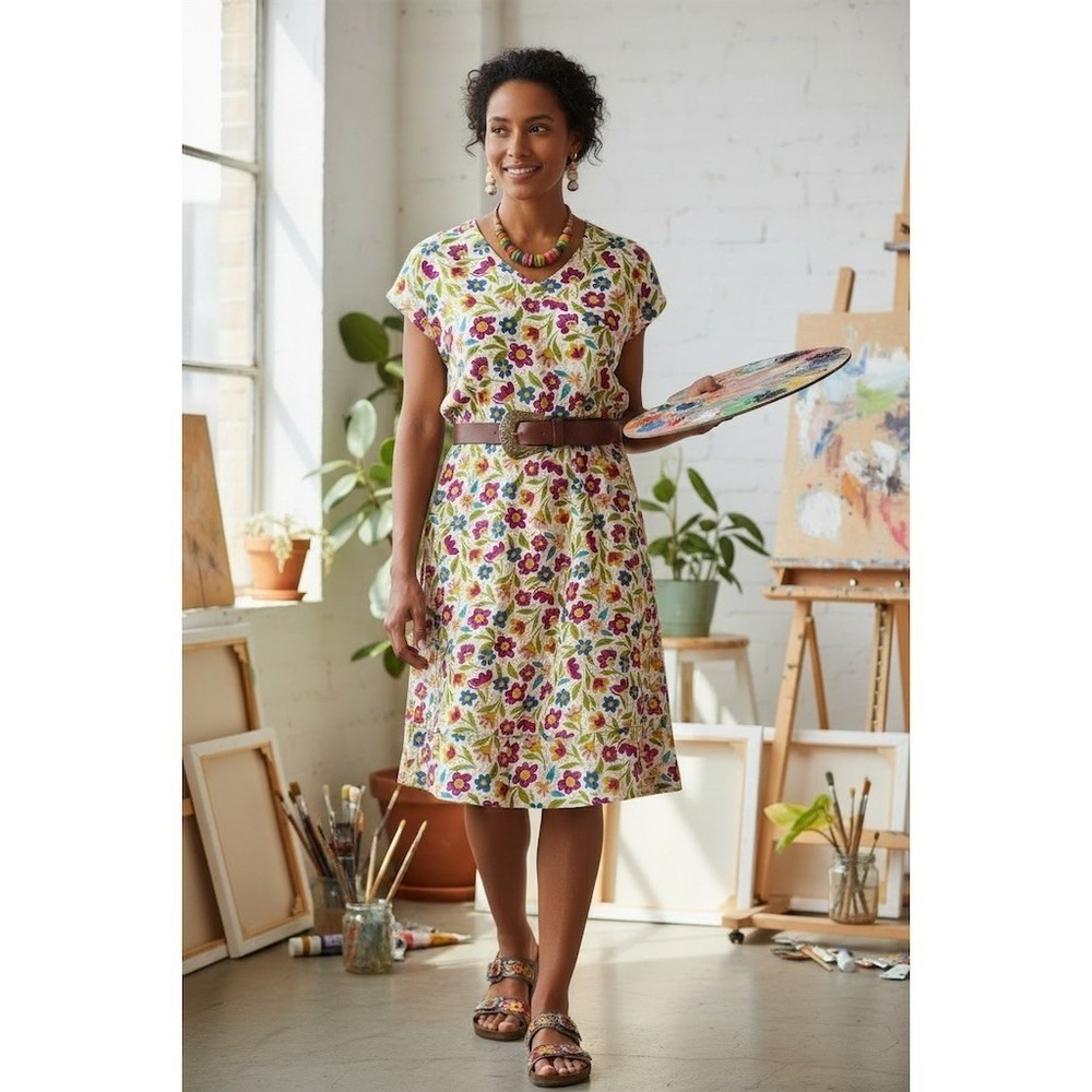 Gudrun Sjödén Dress Womens XL Floral Shift Tunic Knee Cap sleeve Lagenlook boho
